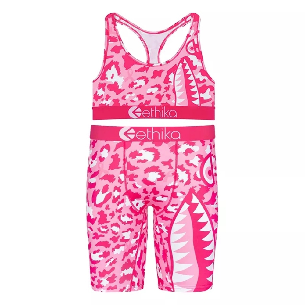 Ethika 2 Piece Pink Leopard Biker Shorts and Sports Bra Set